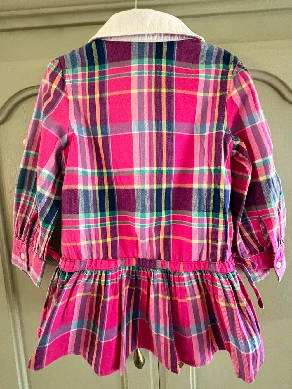 Polo Ralph Lauren Pink Plaid Madras Shirt Dress Dropping Waist Peplum Hem 2T